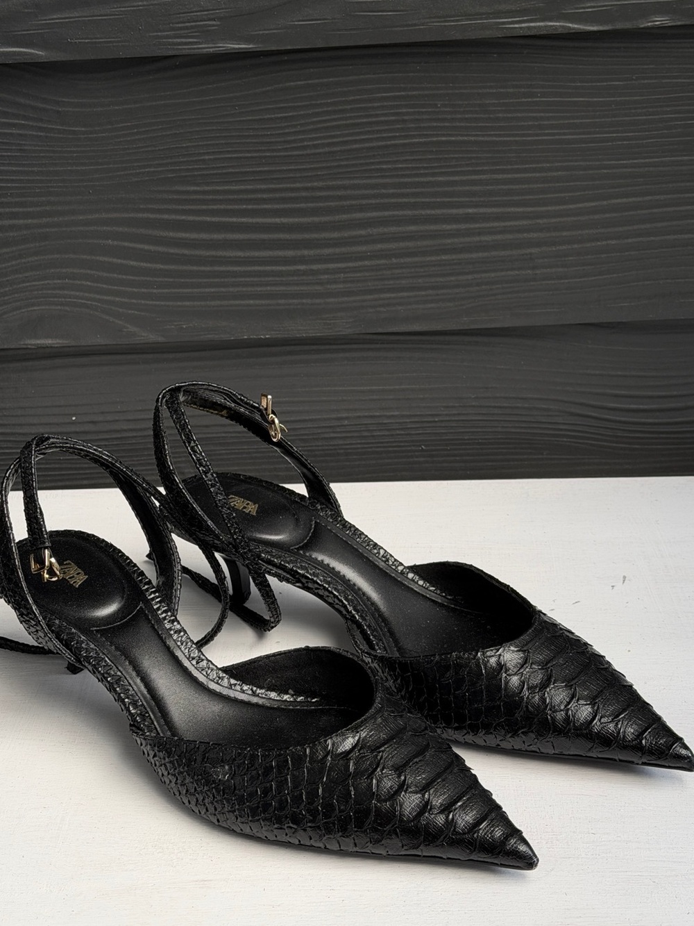 Zara Black Textured Pointed Slingback Heels